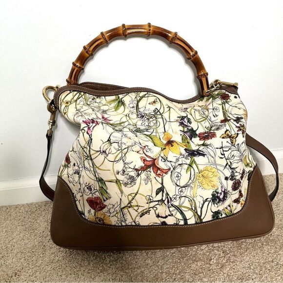 Gucci floral handbag with bamboo handle and shoulder strap - Picture 2 of 12